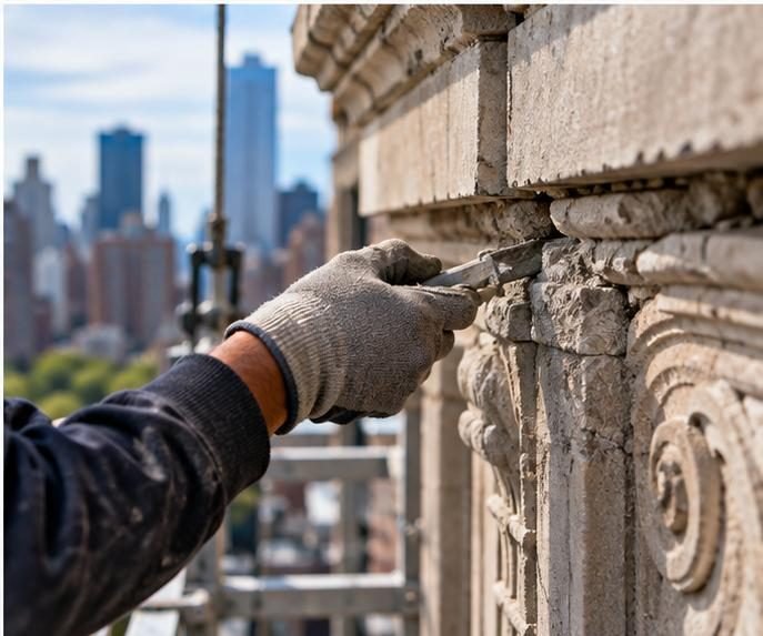 Close-up of stone carving restoration work on a historic NYC facade