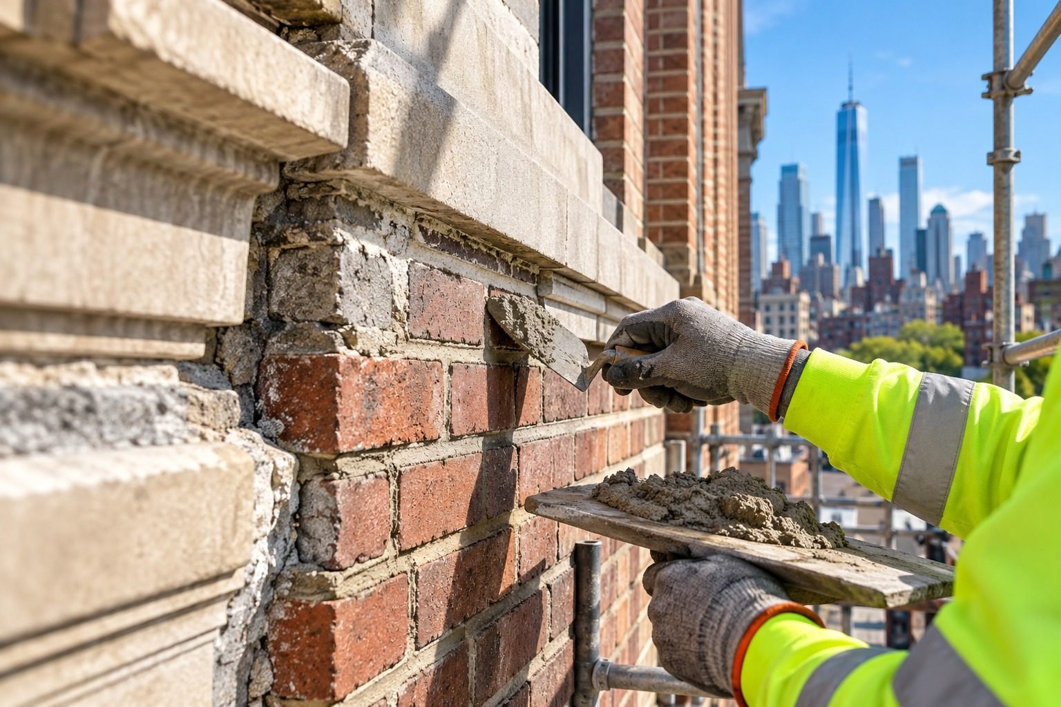 Brick pointing and facade restoration on an NYC building with the Manhattan skyline