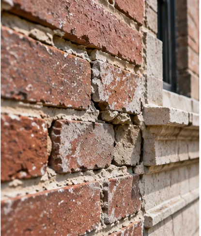 Cracked mortar joints and damaged brick on an NYC building facade
