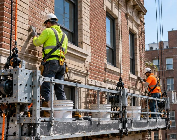 Facade restoration crew on scaffolding repairing an NYC building exterior