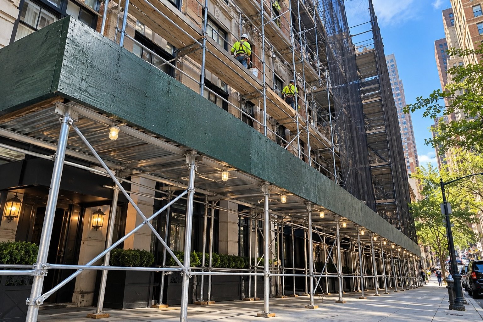 Supported scaffolding and access set up for facade repair work in NYC