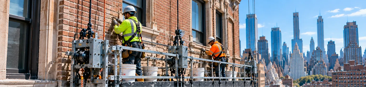 Suspended scaffolding set up for Local Law 11 facade repairs on an NYC building