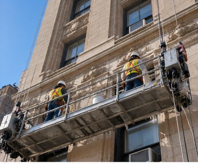Ornate stone cornice repair on an NYC building