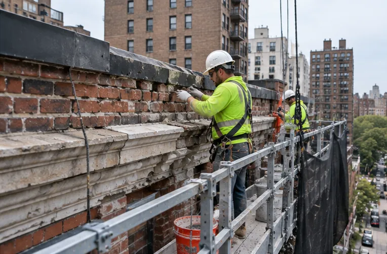 Suspended scaffolding for facade restoration access on an NYC building