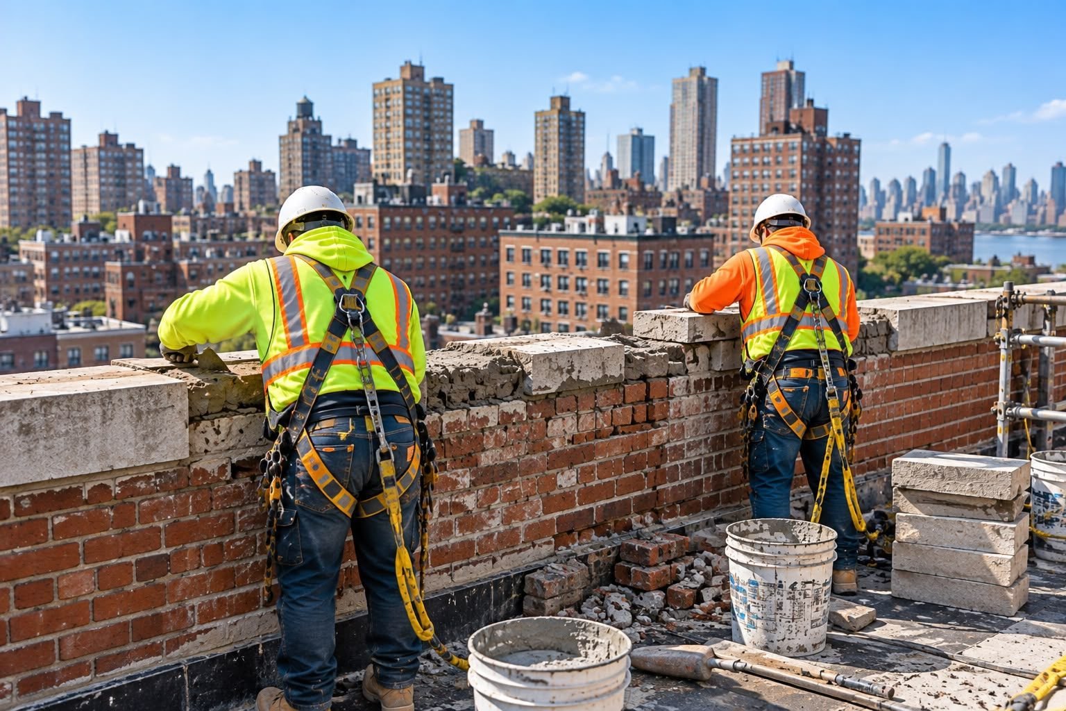 Parapet wall rebuild in progress on an NYC rooftop
