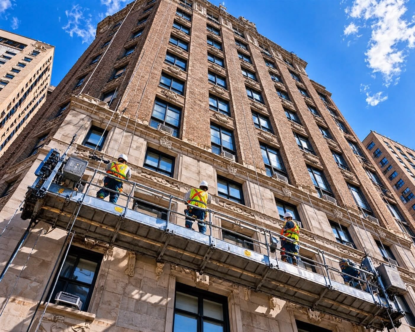 Masons restoring a stone building facade from scaffolding in NYC