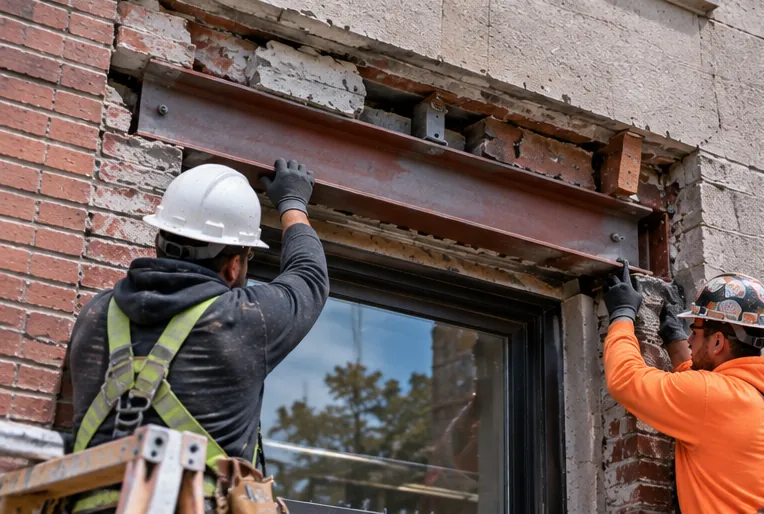 Steel lintel replacement above a window during NYC facade repair