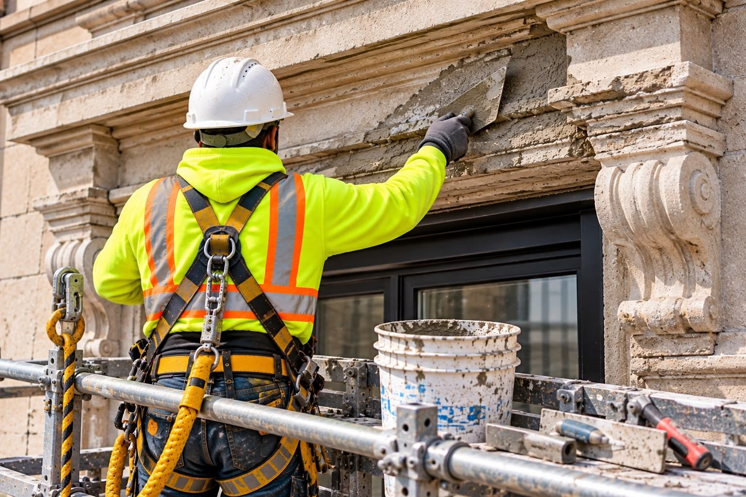 Mason repairing an ornate stone cornice on an NYC facade