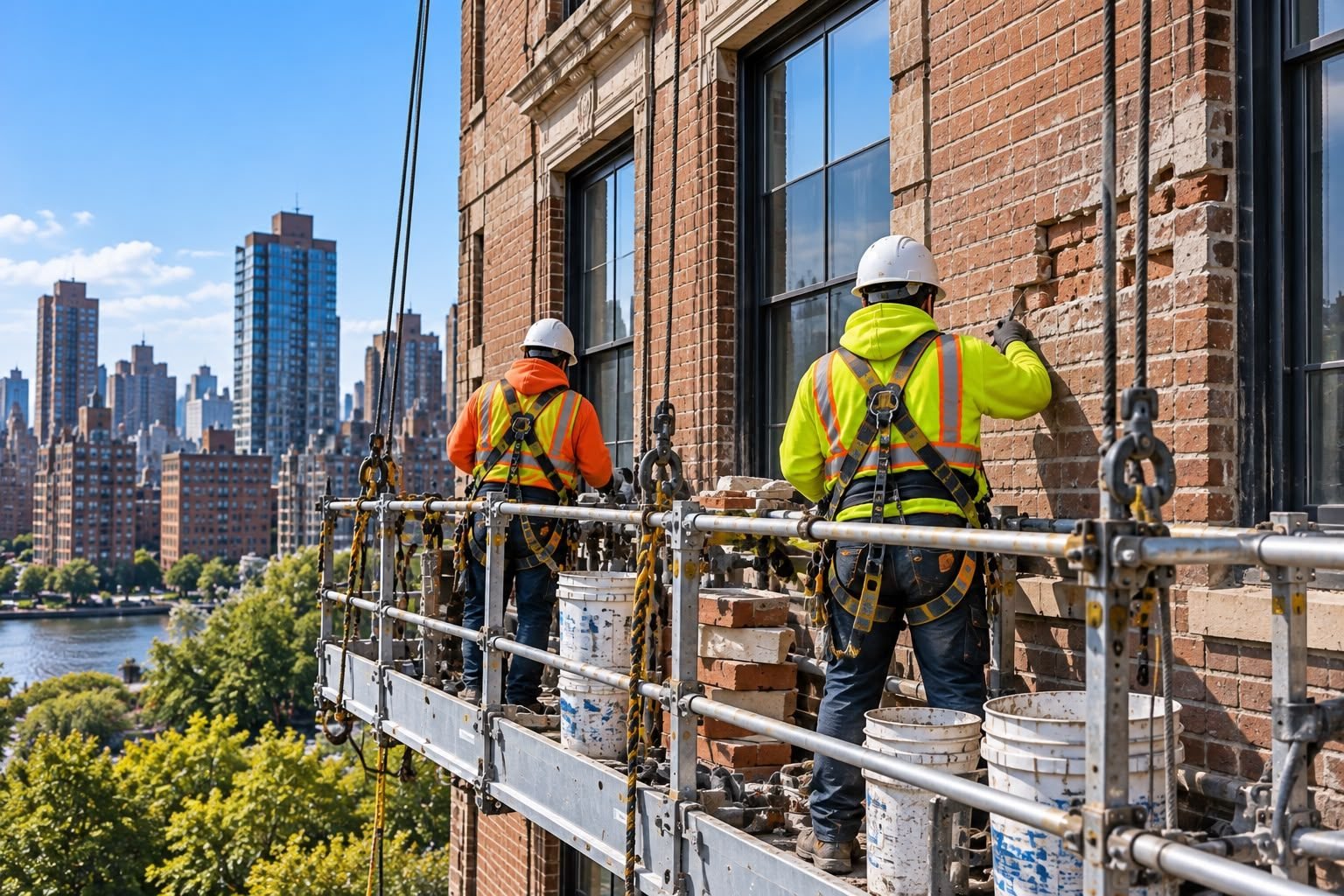 Workers on a suspended scaffold performing brick pointing on an NYC building facade