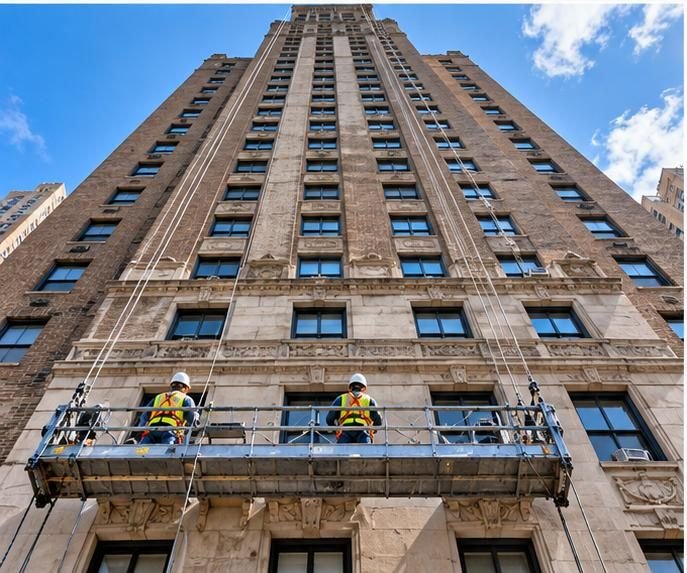 Facade restoration crew on a suspended scaffold in NYC